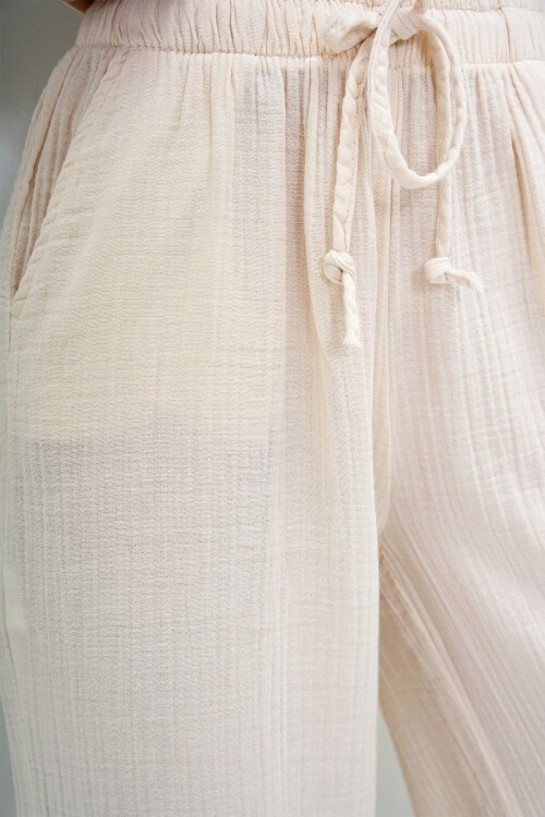 Ekru Çift Cepli Beli Lastikli Müslin Keten Pantolon