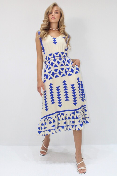 Ekru-Saks Ön Arka V Yaka Desenli Eteği Volanlı Midi Boy Dokuma Viskon Elbise