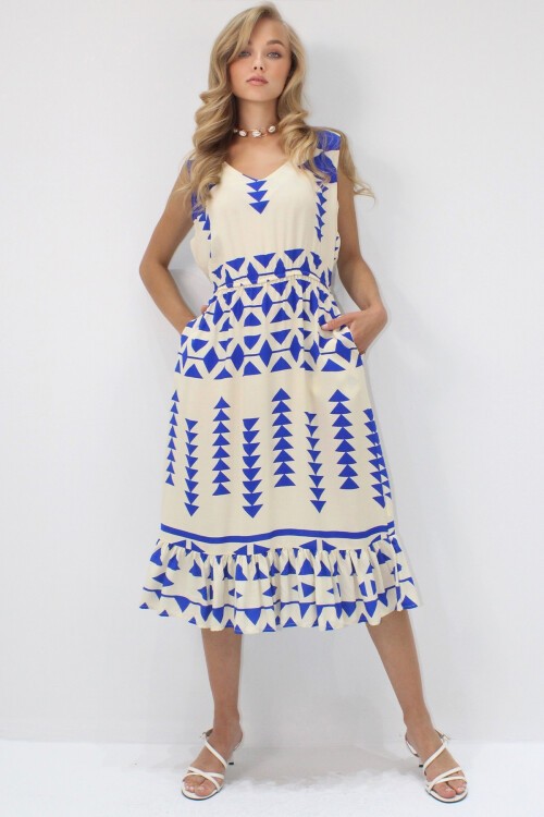 Ekru-Saks Ön Arka V Yaka Desenli Eteği Volanlı Midi Boy Dokuma Viskon Elbise