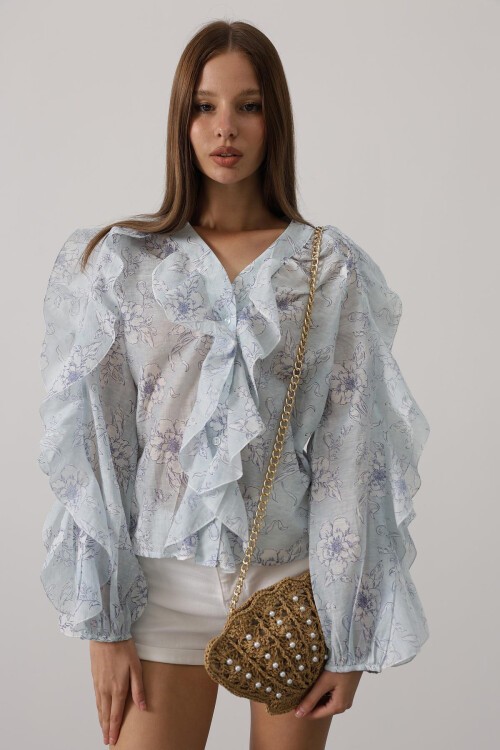 Saks Fırfırlı Çıcek Desen Uzun Kol Gömlek