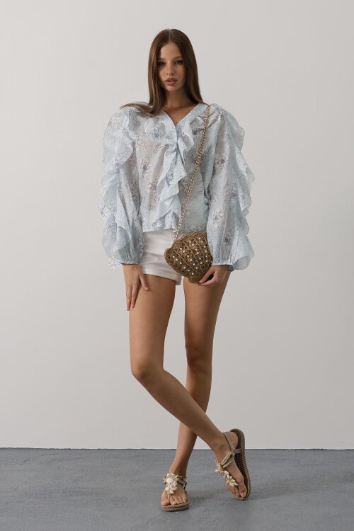 Saks Fırfırlı Çıcek Desen Uzun Kol Gömlek