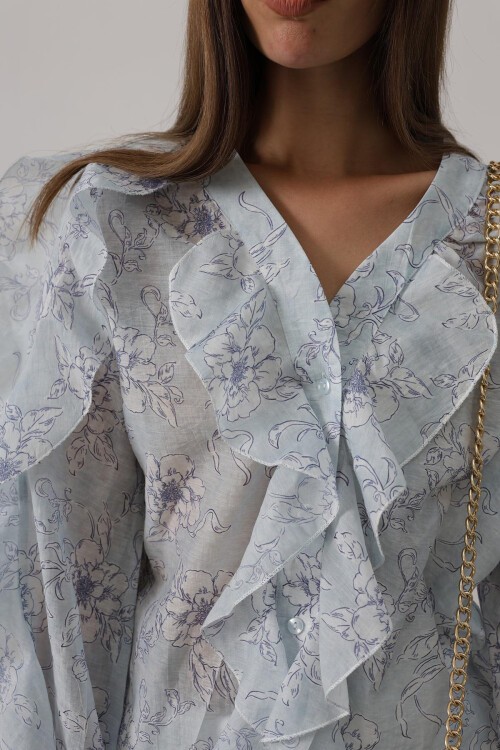 Saks Fırfırlı Çıcek Desen Uzun Kol Gömlek