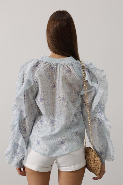 Saks Fırfırlı Çıcek Desen Uzun Kol Gömlek