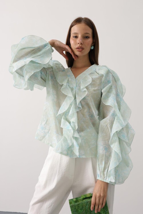 Yeşil Fırfırlı Çıcek Desen Uzun Kol Gömlek