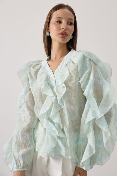 Yeşil Fırfırlı Çıcek Desen Uzun Kol Gömlek