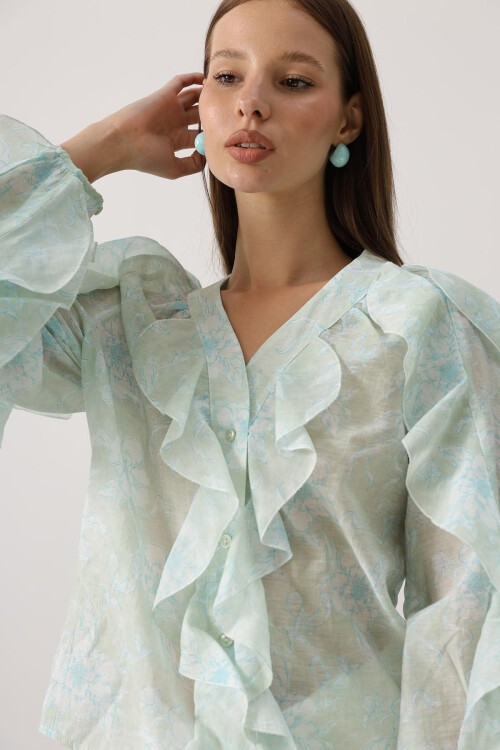 Yeşil Fırfırlı Çıcek Desen Uzun Kol Gömlek