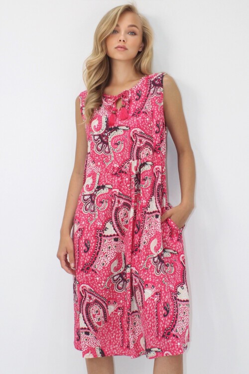 Fuşya Bisiklet Yaka Bağlama Detaylı Desenli Çift Cepli Dokuma Viskon Elbise