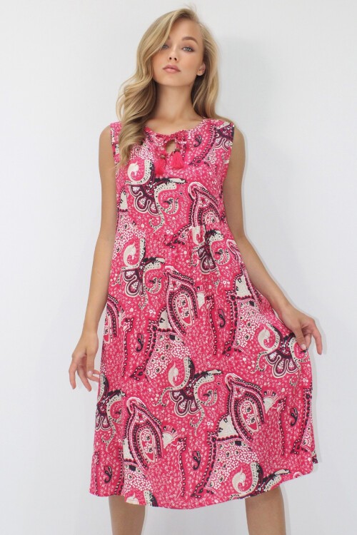 Fuşya Bisiklet Yaka Bağlama Detaylı Desenli Çift Cepli Dokuma Viskon Elbise