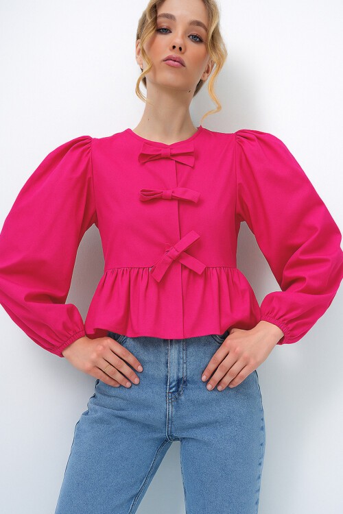 Fuşya Bisiklet Yaka Fiyonk Bağlamalı Prenses Kol Poplin Bluz