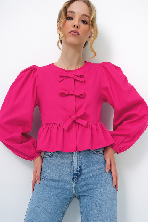 Fuşya Bisiklet Yaka Fiyonk Bağlamalı Prenses Kol Poplin Bluz
