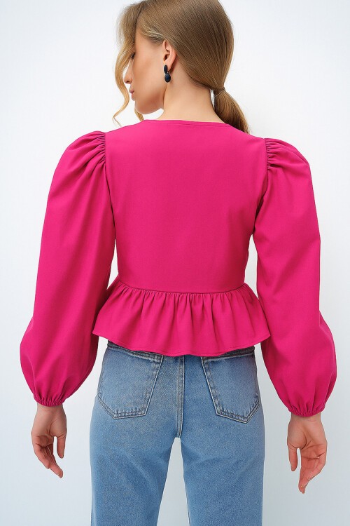 Fuşya Bisiklet Yaka Fiyonk Bağlamalı Prenses Kol Poplin Bluz
