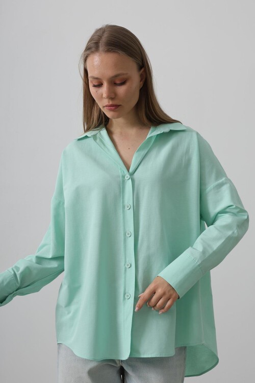 Mint Geniş Manşet Detaylı Oversize Gömlek