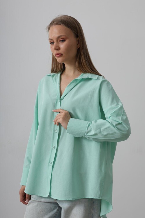 Mint Geniş Manşet Detaylı Oversize Gömlek
