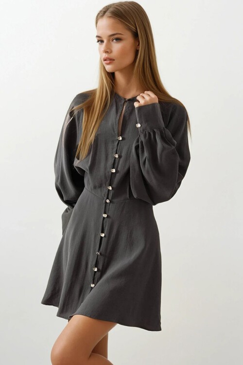 Antrasit Düğme Detaylı Balon Kol Mini Boy Elbise