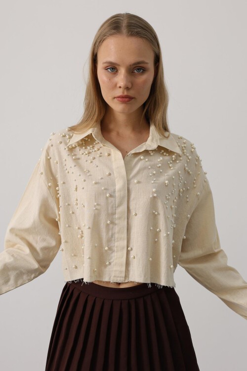Taş Taş İşlemeli Crop Gömlek
