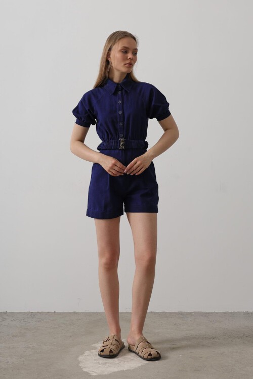 İndigo Gömlek Yaka Gabardin Tulum