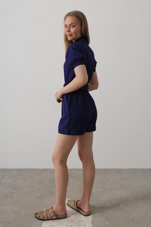 İndigo Gömlek Yaka Gabardin Tulum