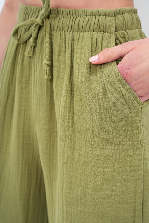 Haki Çift Cepli Beli Lastikli Müslin Keten Pantolon