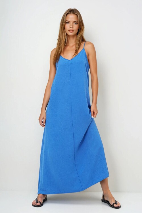 İndigo Mavi Ayarlanabilir Askılı V Yaka Aerobin Yazlık Elbise
