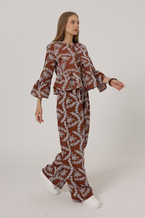 Kahve Kendinden İşlemeli Astarlı Rahat Kesim Pantolon