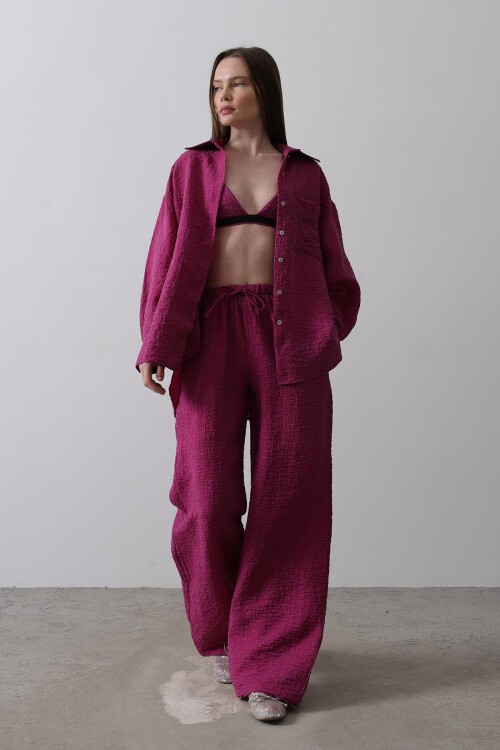 Mor Cepli Gömlek Ve Büstiyer Beli Lastikli Pantolon Jakarlı 3Lü Takım