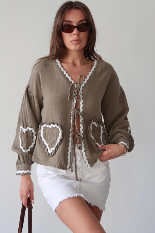 Haki Kalp Nakışlı Bağlamalı Mevsimlik Ceket