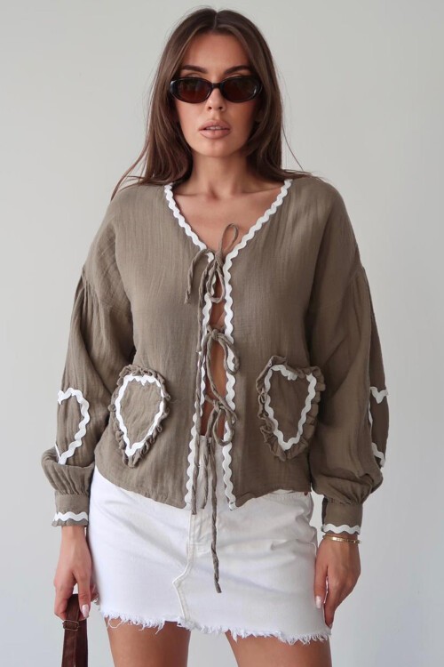 Haki Kalp Nakışlı Bağlamalı Mevsimlik Ceket