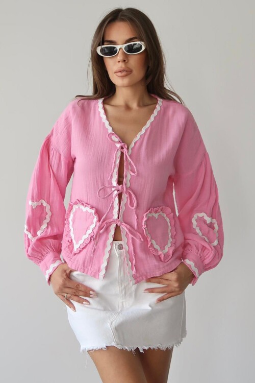 Pembe Kalp Nakışlı Bağlamalı Mevsimlik Ceket
