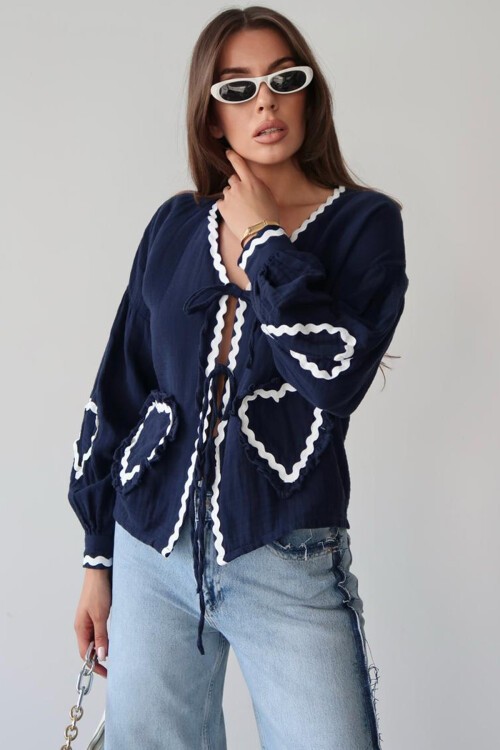 Lacivert Kalp Nakışlı Bağlamalı Mevsimlik Ceket