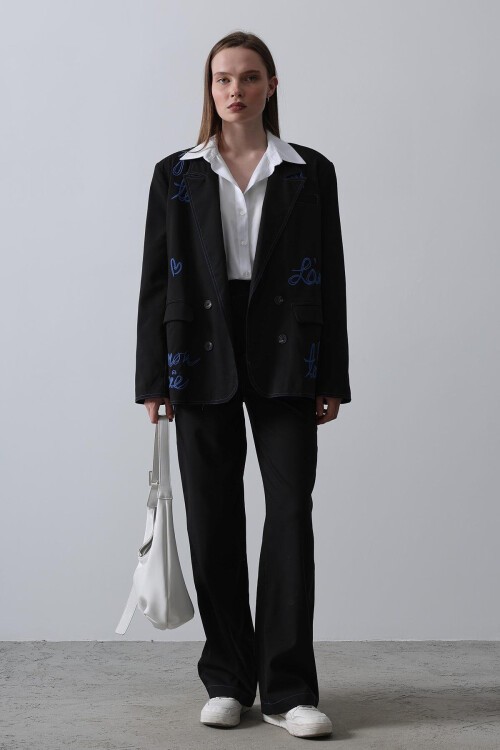 Siyah Nakış İşlemeli Blazer Ceket 