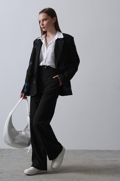 Siyah Nakış İşlemeli Blazer Ceket 