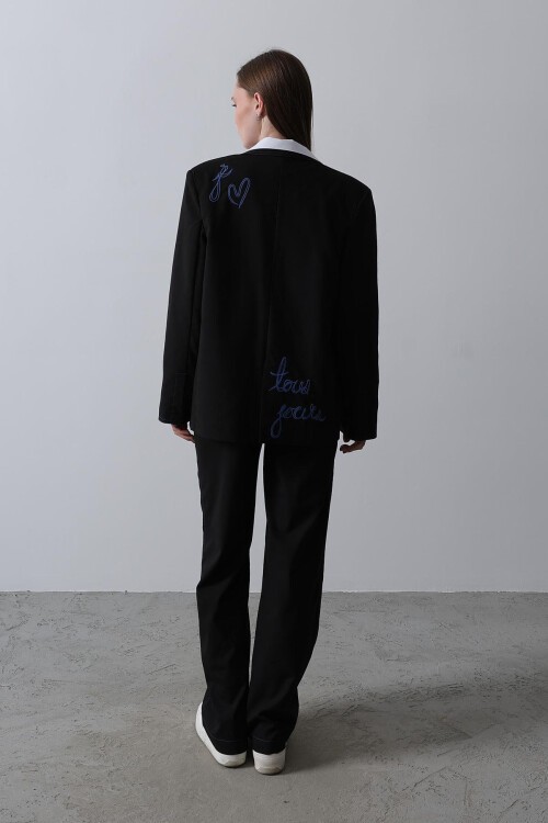 Siyah Nakış İşlemeli Blazer Ceket 