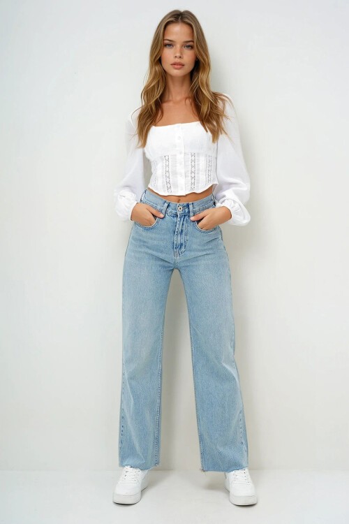 Kar Yıkamalı Mavi Yüksek Bel Yıkamalı Paçası Püsküllü Palazzo Jean Pantolon