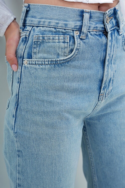 Kar Yıkamalı Mavi Yüksek Bel Yıkamalı Paçası Püsküllü Palazzo Jean Pantolon