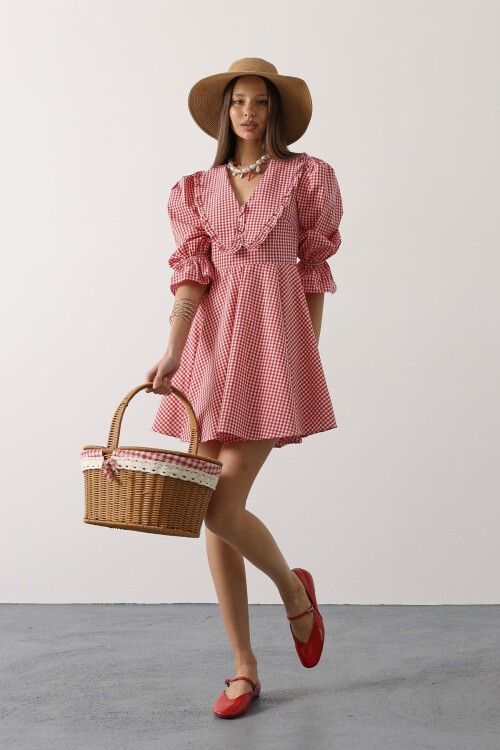 Kırmızı Bebe Yaka Kolları Lastikli Mini Boy Elbise