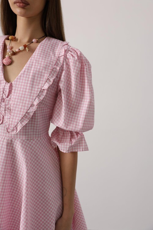 Pembe Bebe Yaka Kolları Lastikli Mini Boy Elbise