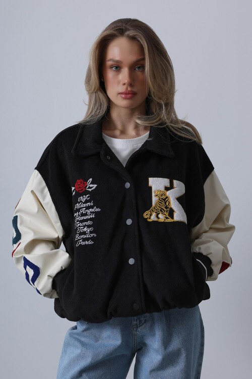 Siyah Gömlek Yaka Baskılı Kaşe Biker Ceket