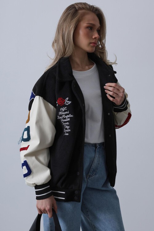 Siyah Gömlek Yaka Baskılı Kaşe Biker Ceket