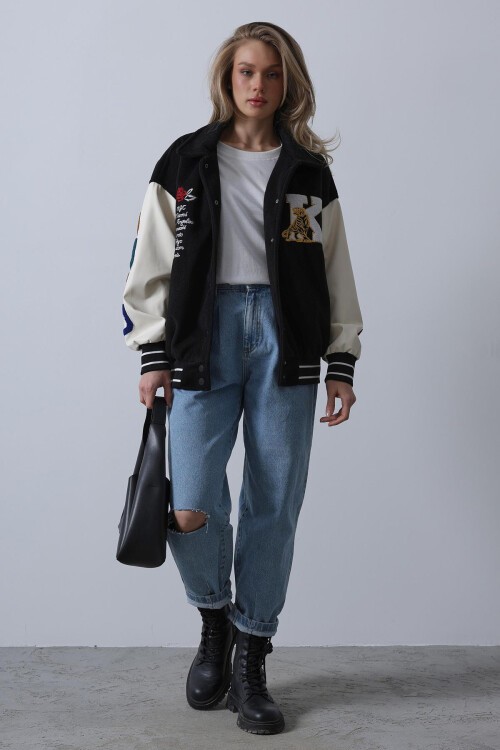 Siyah Gömlek Yaka Baskılı Kaşe Biker Ceket