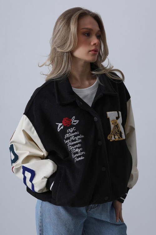 Siyah Gömlek Yaka Baskılı Kaşe Biker Ceket