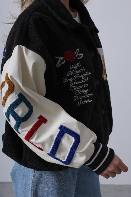 Siyah Gömlek Yaka Baskılı Kaşe Biker Ceket