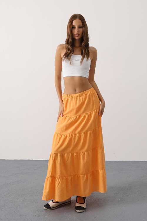 Sarı Beli Lastikli Fırfırlı Midi Boy Keten Etek