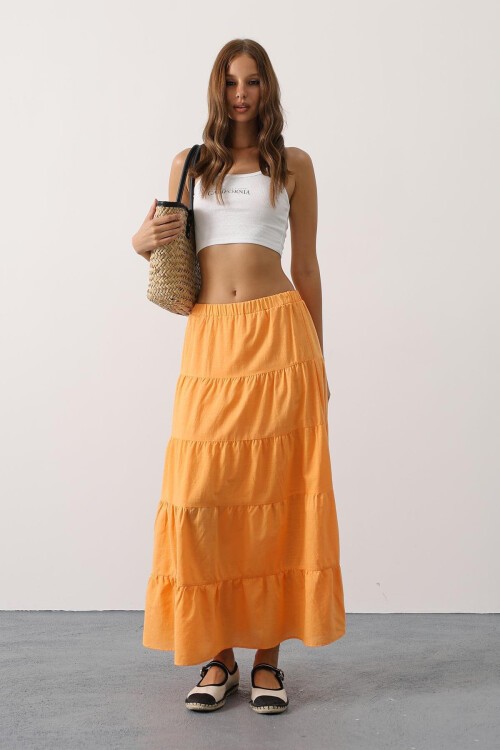 Sarı Beli Lastikli Fırfırlı Midi Boy Keten Etek