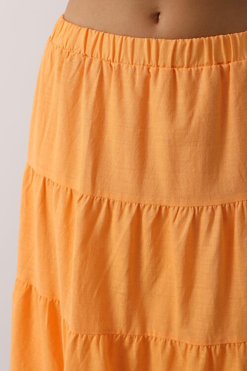 Sarı Beli Lastikli Fırfırlı Midi Boy Keten Etek