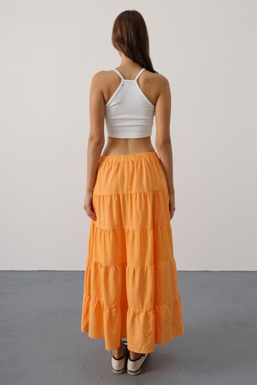 Sarı Beli Lastikli Fırfırlı Midi Boy Keten Etek