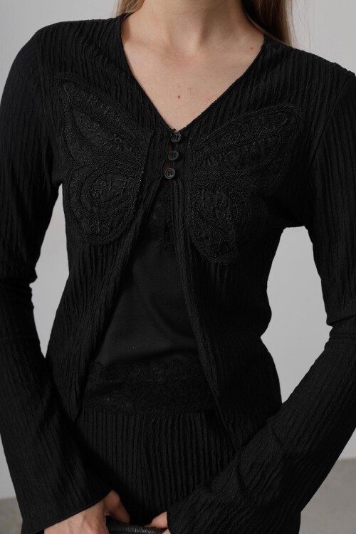 Siyah Motifli Dantel İşlemeli Bluz Ve Pantolon Bürümcük Takım