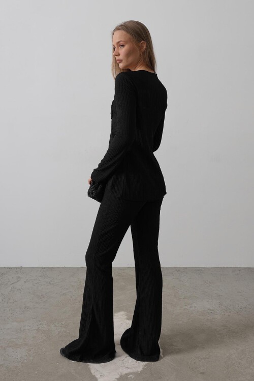 Siyah Motifli Dantel İşlemeli Bluz Ve Pantolon Bürümcük Takım