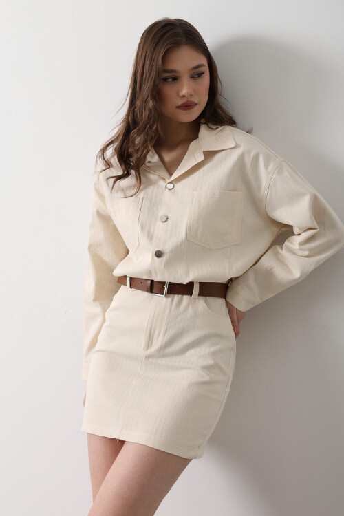 Krem Kemer Detaylı Balıksırtı Gömlek Elbise