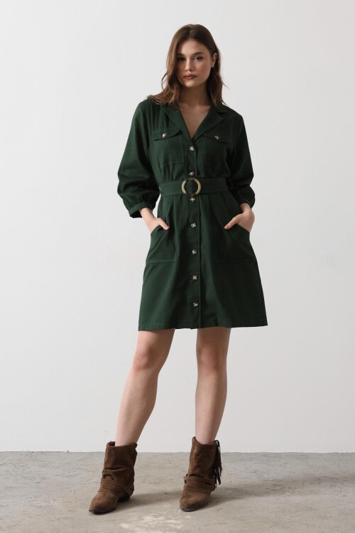 Haki 4 Cepli Gömlek Yaka Kemer Detaylı Gabardin Elbise