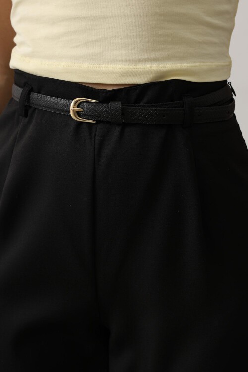 Siyah Kemerli Pens Detaylı Fermuarlı Pantolon